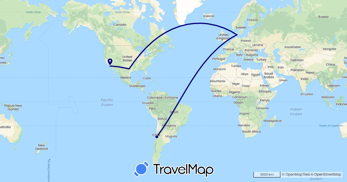 TravelMap itinerary: driving in Chile, Denmark, United States (Europe, North America, South America)